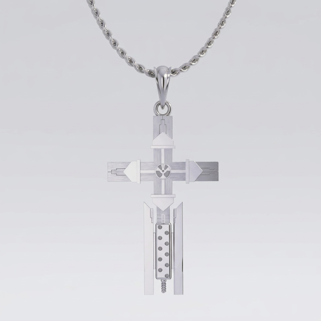 A silver cross-shaped pendant with intricate details, set against an anime-style background featuring a character and machinery.
