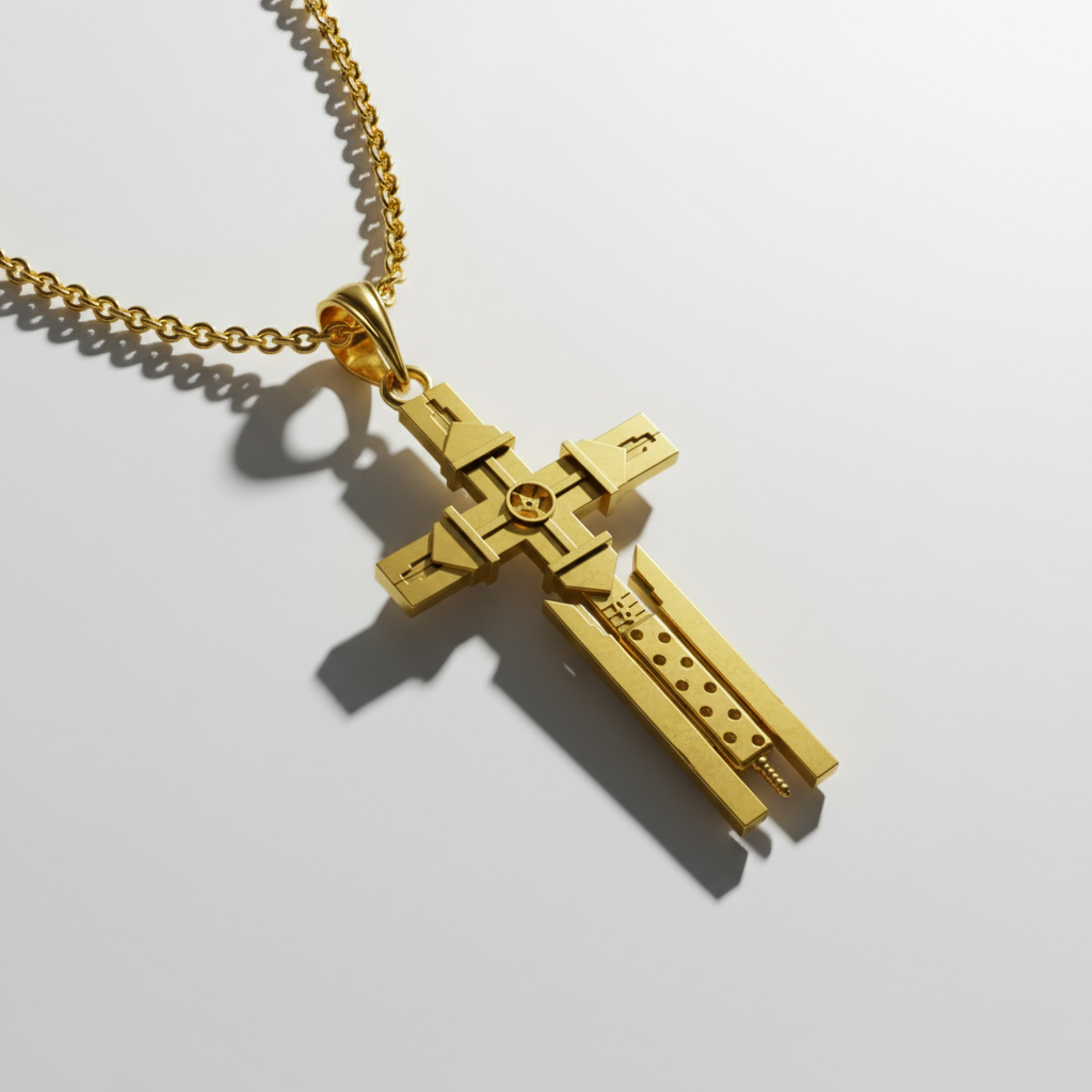 Gold cross pendant necklace on a light gray background