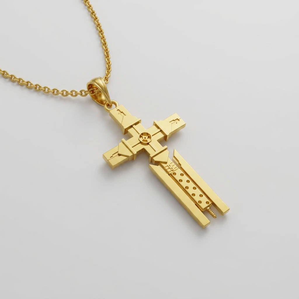 Gold cross pendant necklace on a light gray background