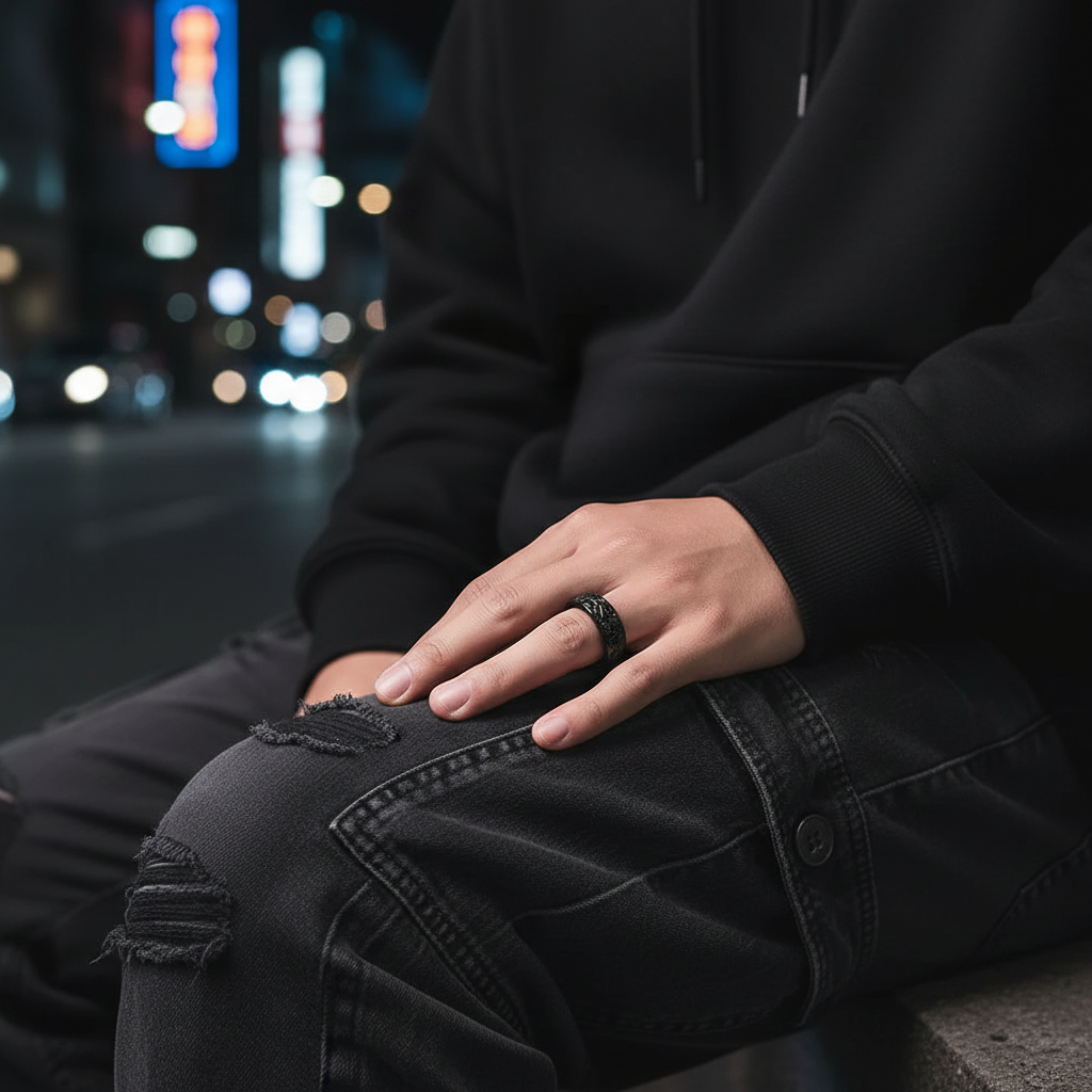 Person wearing a black jacket and jeans with a blurred cityscape in the background
