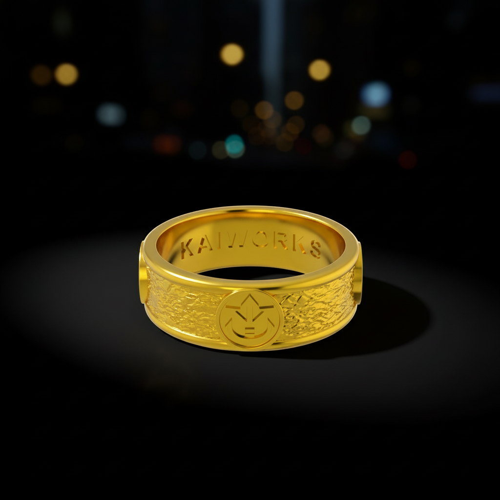 Gold ring with 'KAIWORKS' branding on a white background