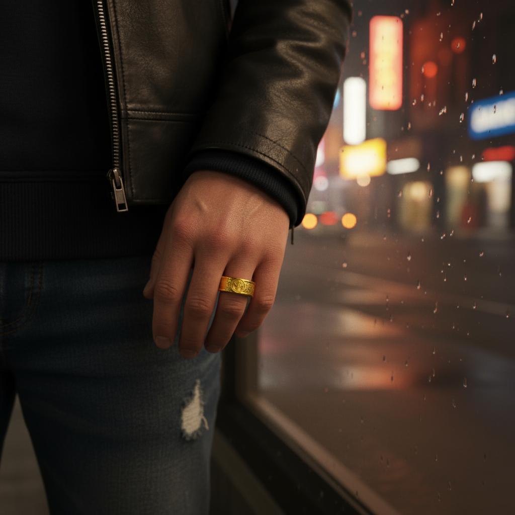 Hand wearing a gold ring with a blurred city street background