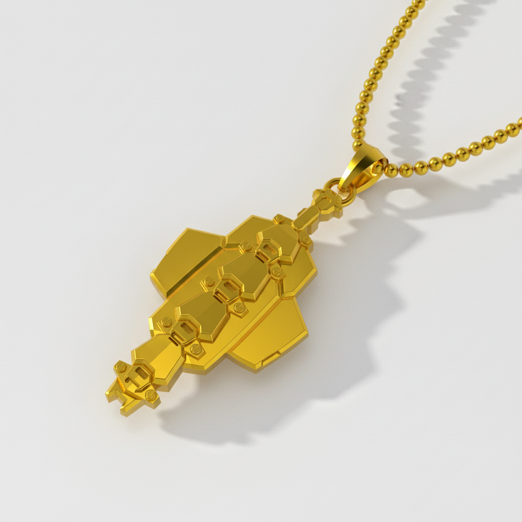 Gold necklace with a unique pendant on a white background