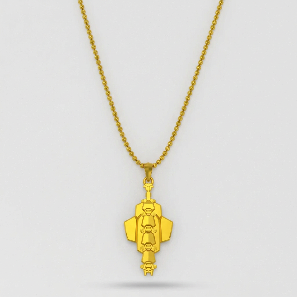 Gold necklace with a unique pendant on a white background