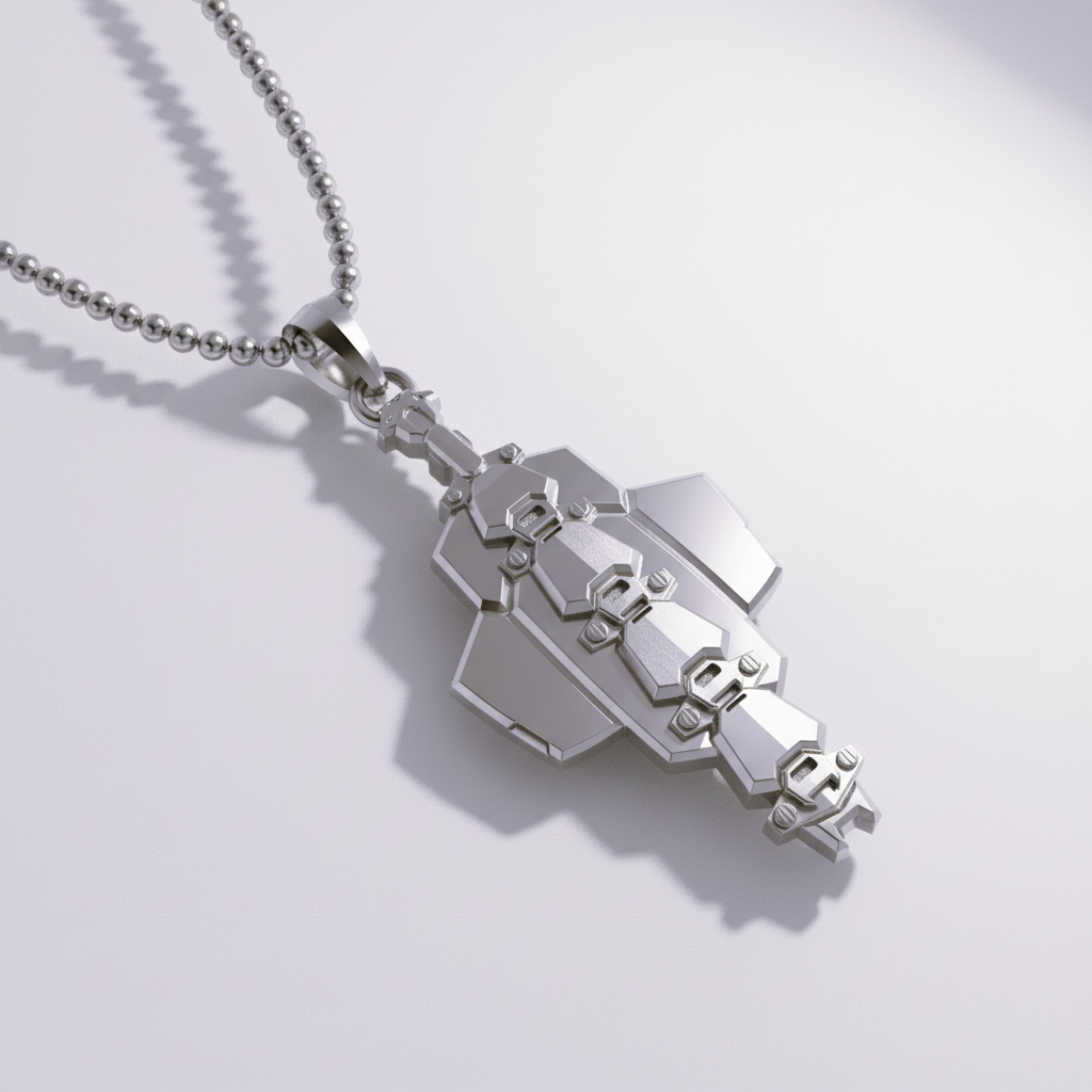 Silver necklace with a unique pendant on a light gray background