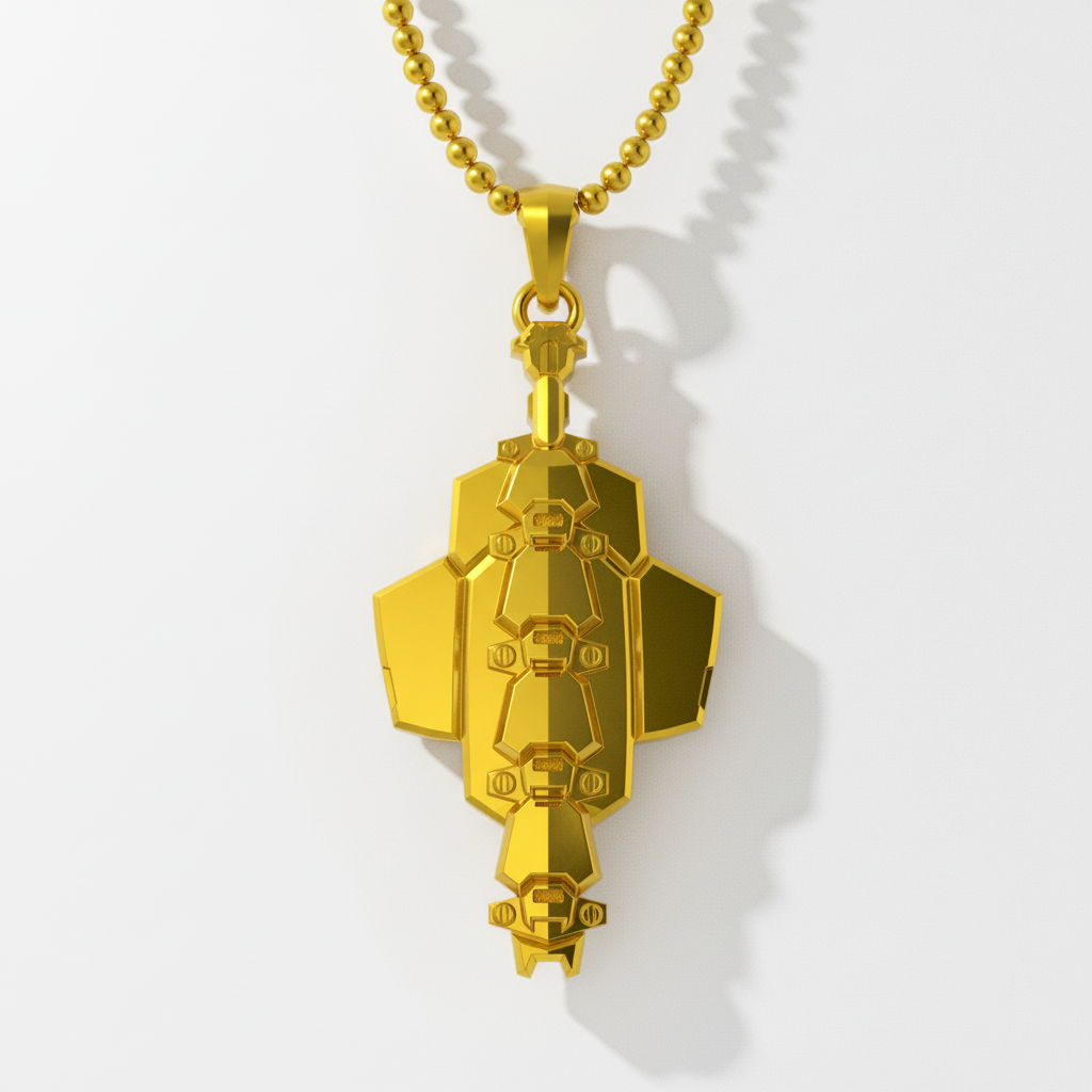 A silver pendant with intricate detailing, featuring a darkened recessed design that resembles a cybernetic shoe, suspended from a chain against a background with a green and black color scheme.