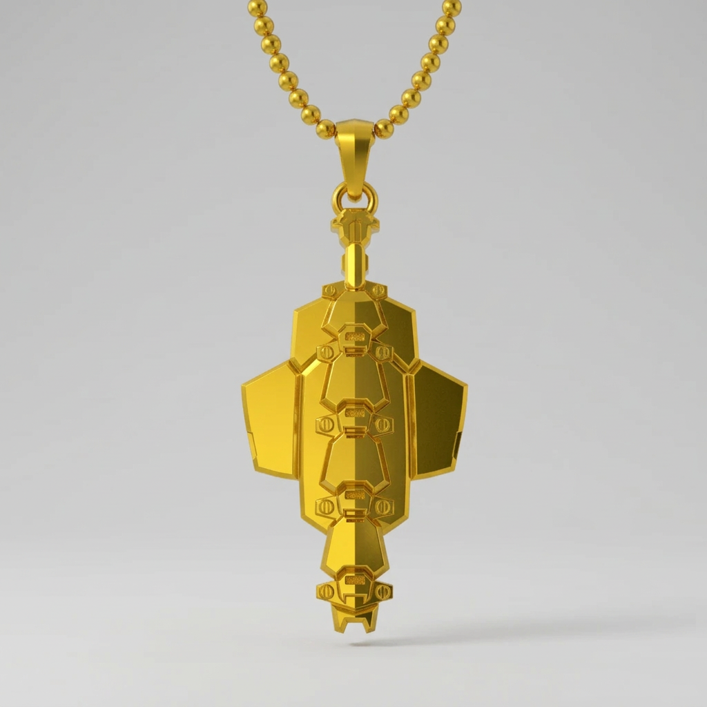 A silver pendant with intricate detailing, featuring a darkened recessed design that resembles a cybernetic shoe, suspended from a chain against a background with a green and black color scheme.