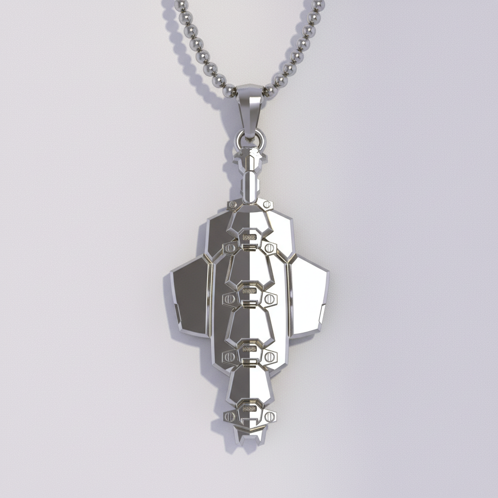 A silver pendant with intricate detailing, featuring a darkened recessed design that resembles a cybernetic shoe, suspended from a chain against a background with a green and black color scheme.