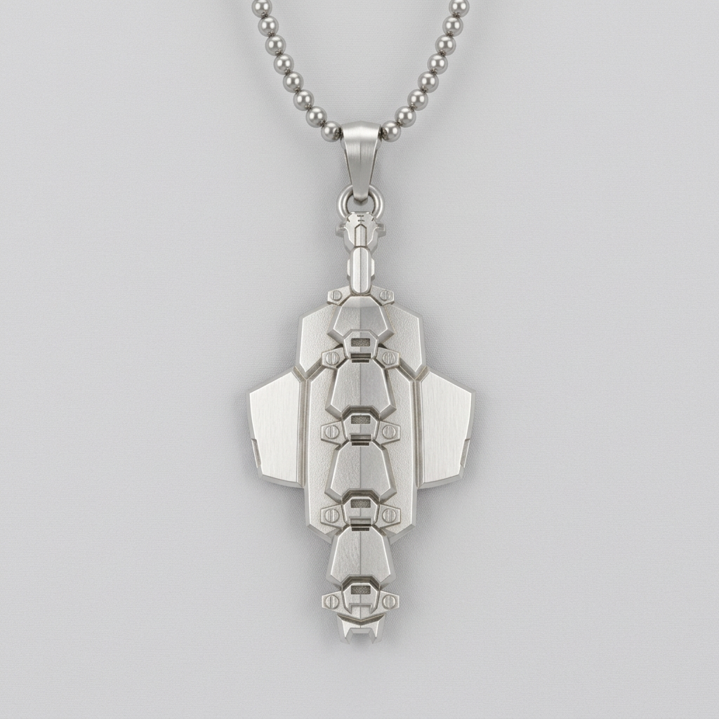 A silver pendant with intricate detailing, featuring a darkened recessed design that resembles a cybernetic shoe, suspended from a chain against a background with a green and black color scheme.
