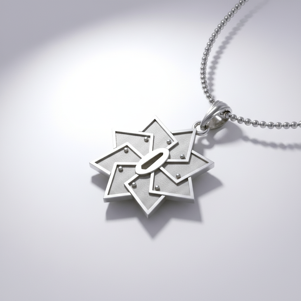 Wind Handguard Pendant in 14K Gold on a silver chain, showcasing a unique star shape design.