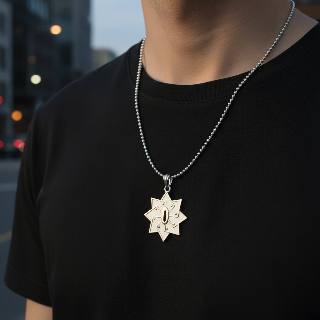 Wind Handguard Pendant in 14K Gold worn on a person's neck, showcasing its unique design and craftsmanship.
