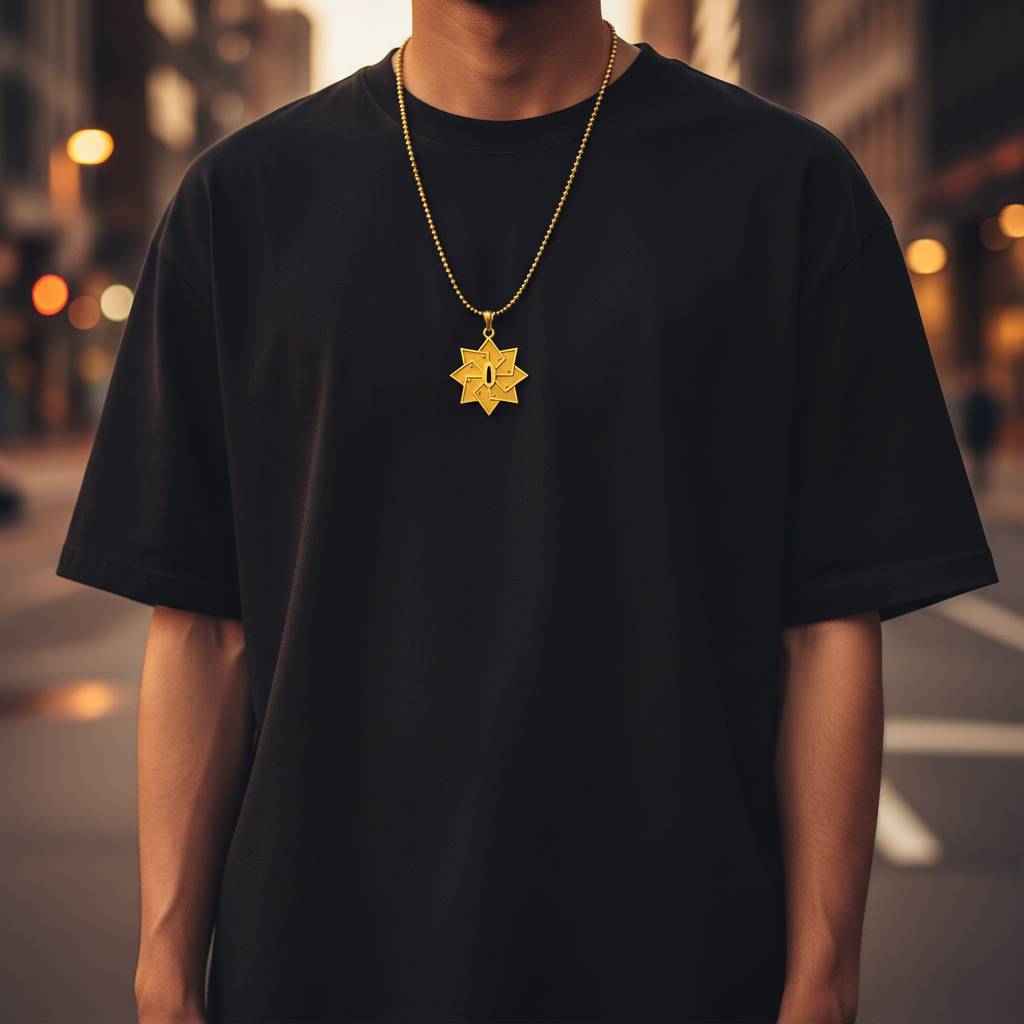 Wind Handguard Pendant in 14K Gold worn on a chain by a model in a street setting.