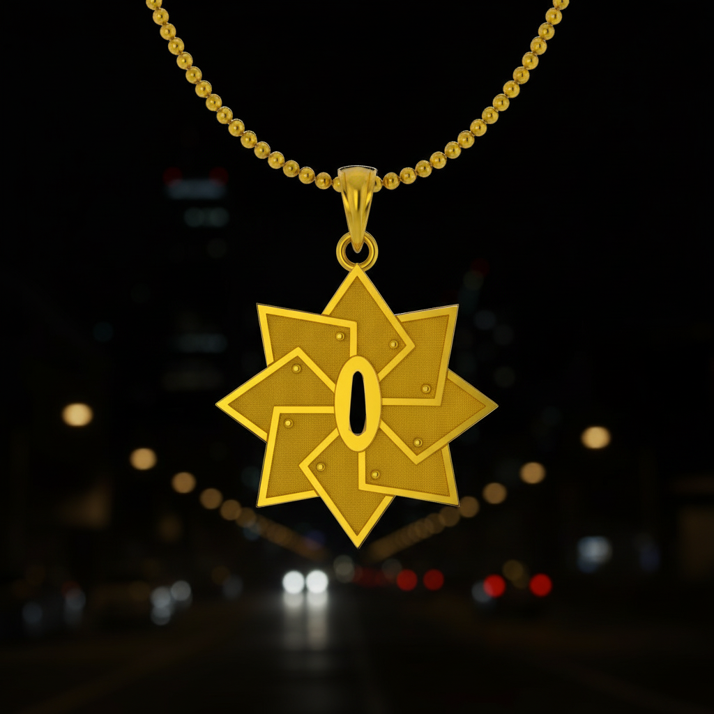 Wind Handguard Pendant in 14K Gold displayed on a chain pendant against a dimly lit urban background.