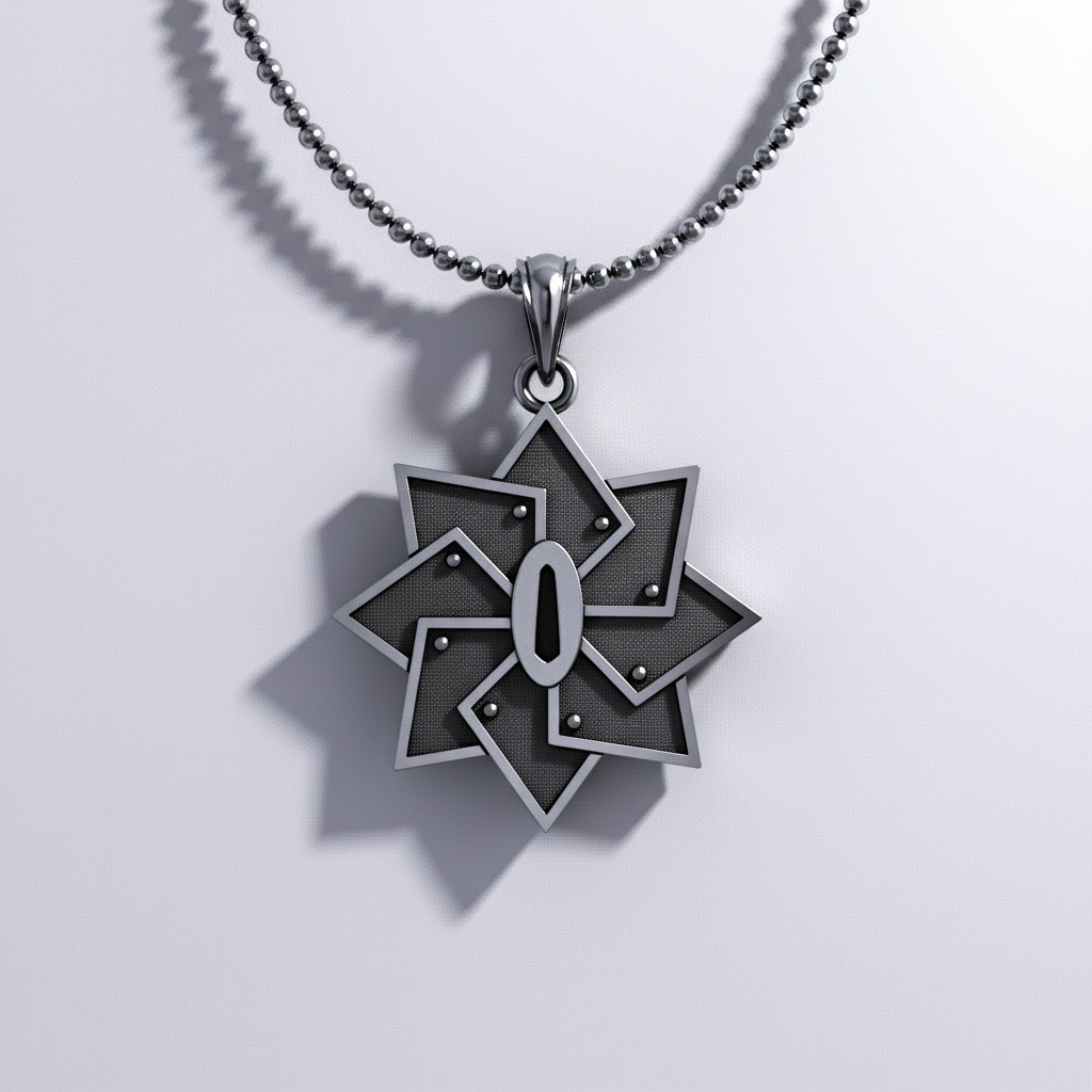 A silver pendant with a weathered bronze center and a vivid green border, designed to resemble a wind warrior's handguard, displayed against an anime style background.
