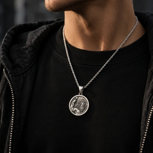 Zeus Medallion worn by a man, showcasing the intricate design of Zeus, Greek God of Thunder, on a chain.