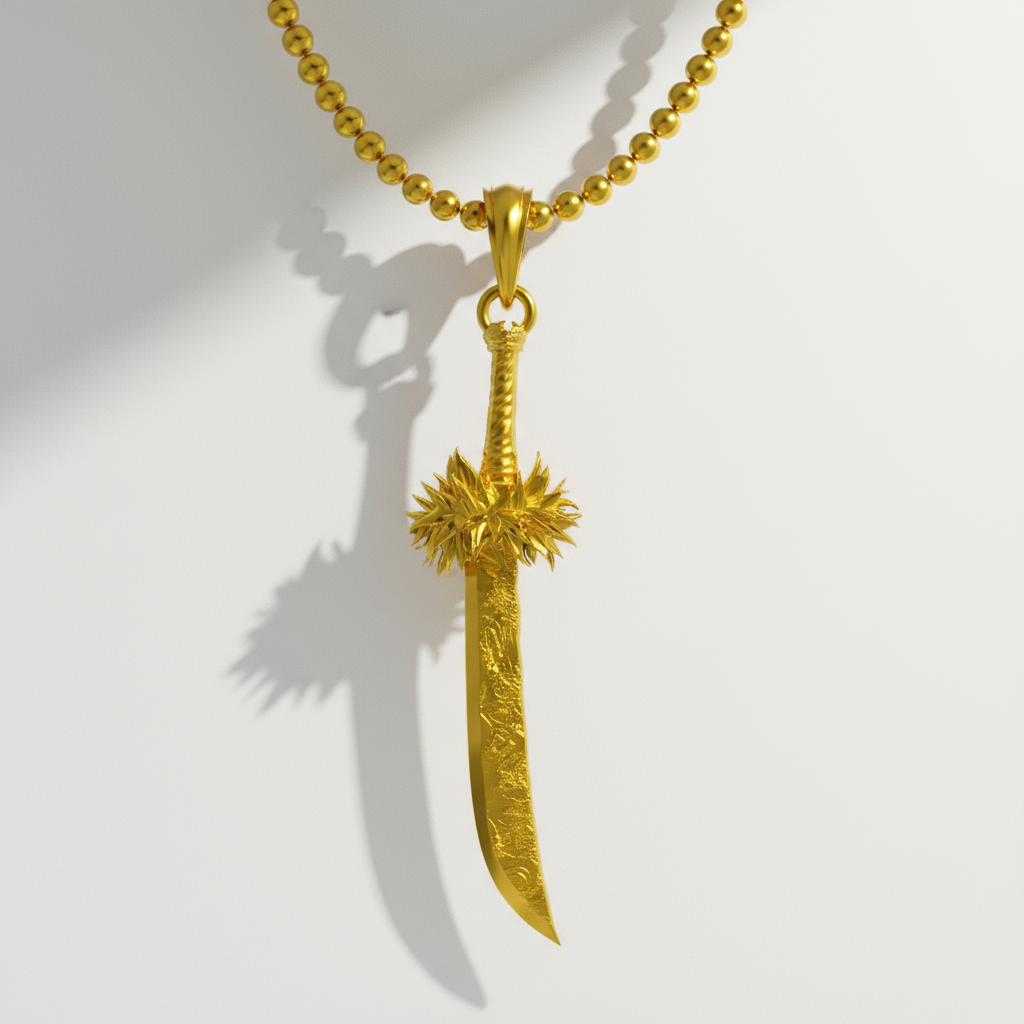 An illustration of a katana pendant with a detailed and textured design, set against a dark background with anime-style character art.