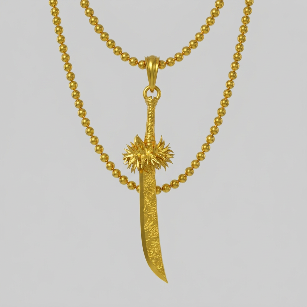 An illustration of a katana pendant with a detailed and textured design, set against a dark background with anime-style character art.
