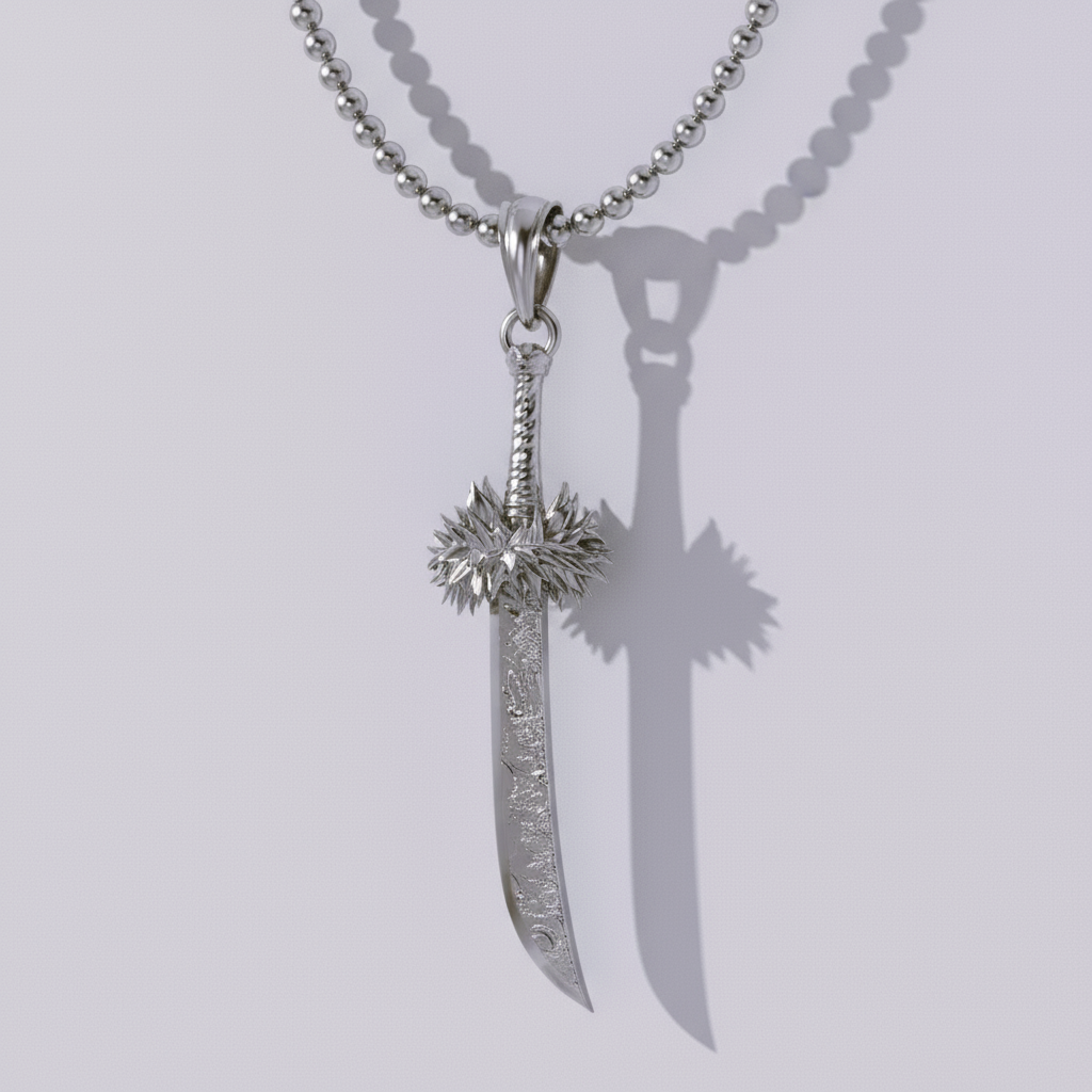 An illustration of a katana pendant with a detailed and textured design, set against a dark background with anime-style character art.