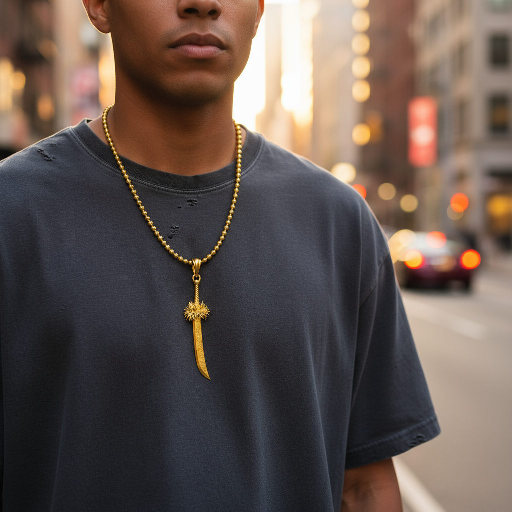 Person wearing a gold necklace with a pendant on a city street
