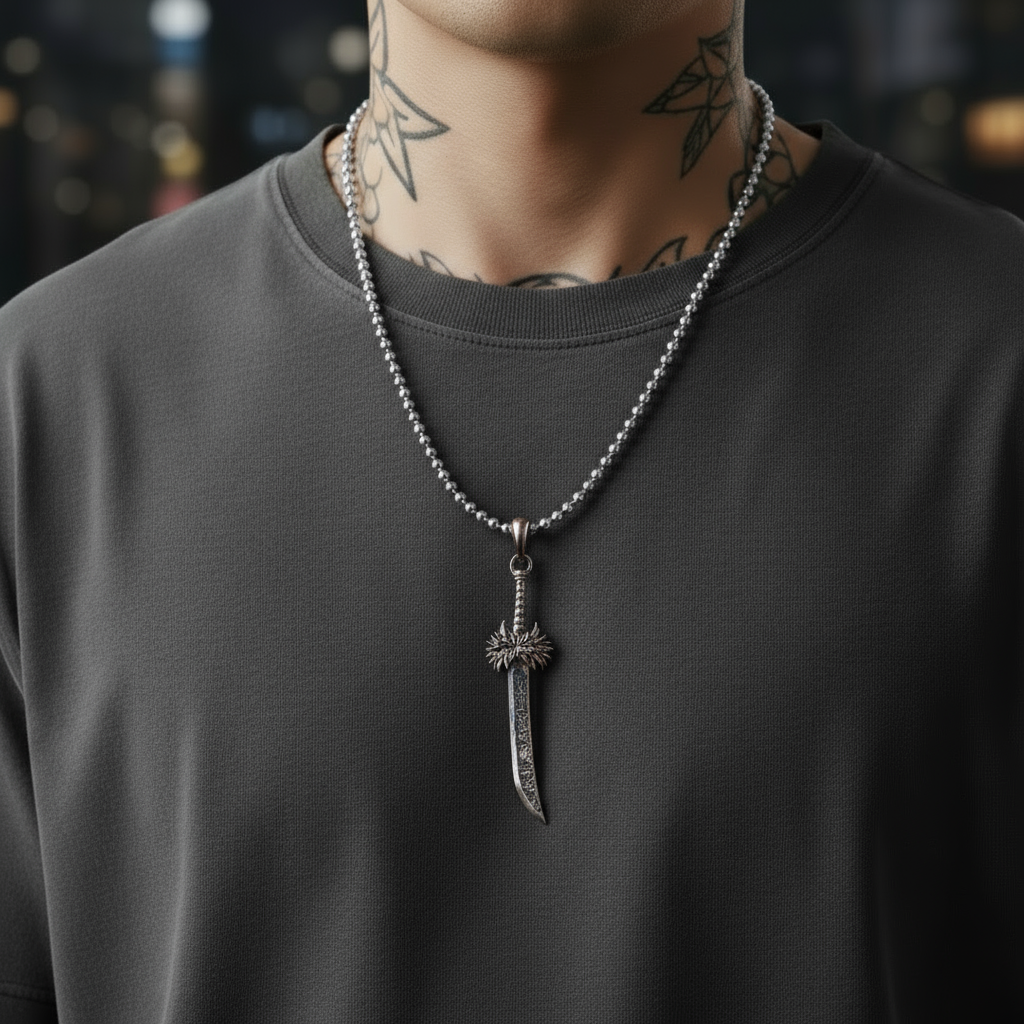 Person wearing a dark gray shirt with a silver necklace featuring a sword pendant.