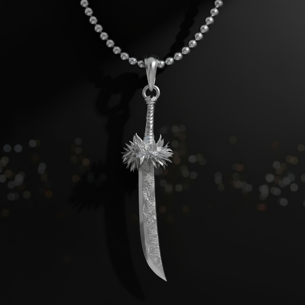 Silver sword-shaped pendant on a chain against a dark background