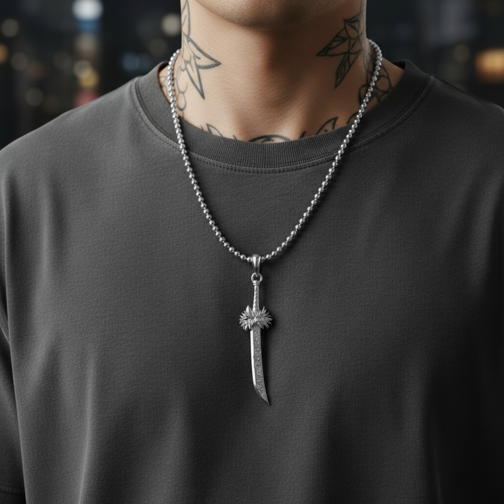 Person wearing a dark gray shirt with a silver necklace featuring a dagger pendant.