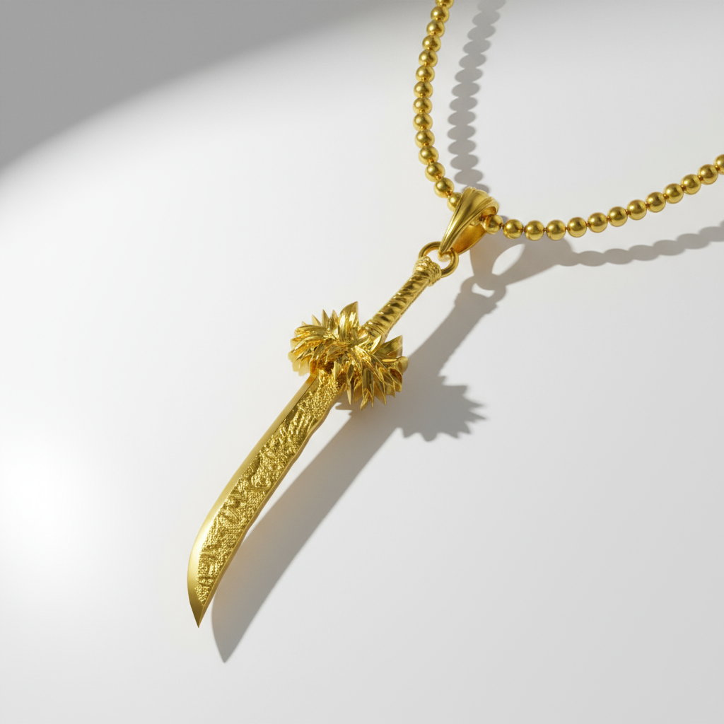 Gold sword-shaped pendant on a chain against a white background