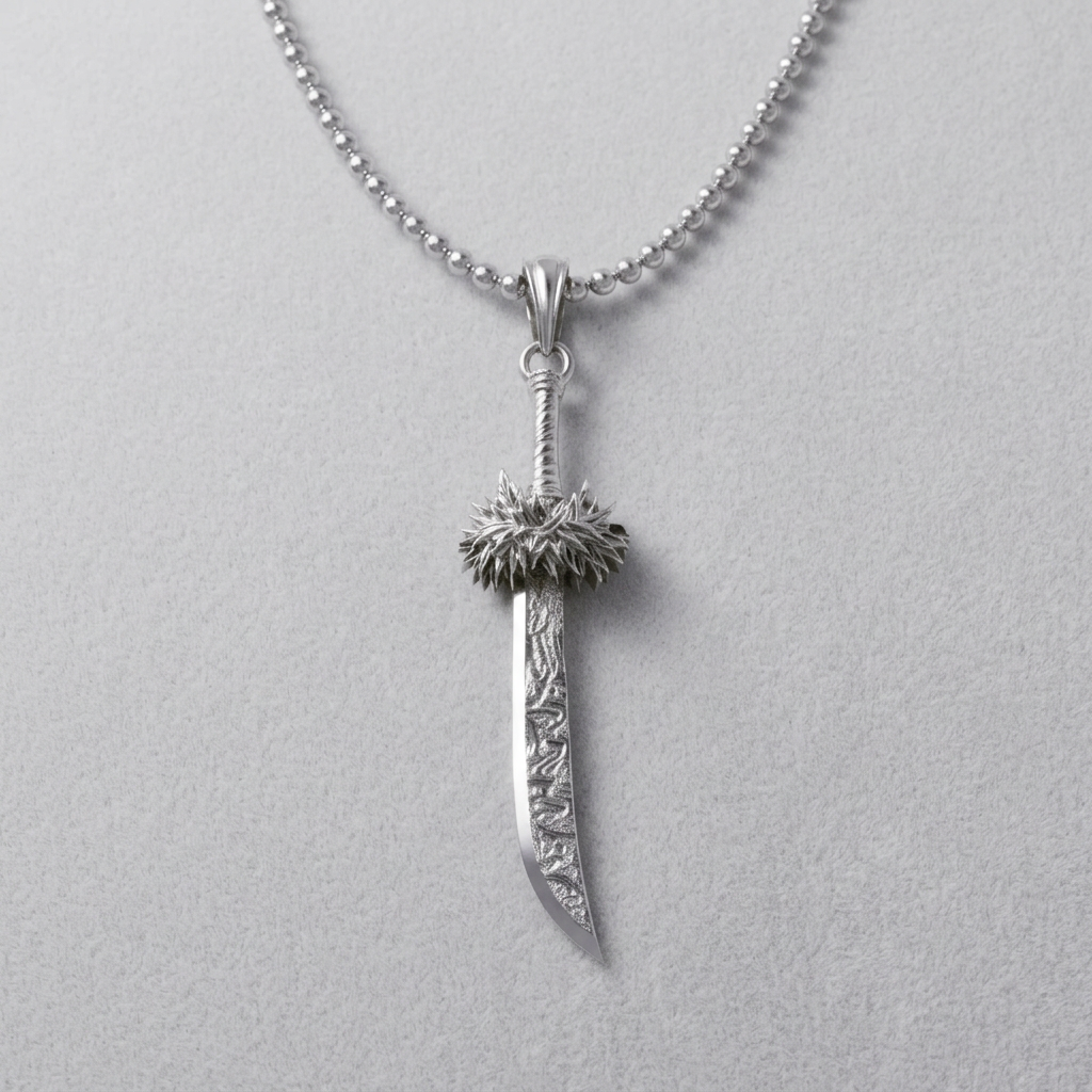 Silver sword-shaped pendant on a chain against a light gray background