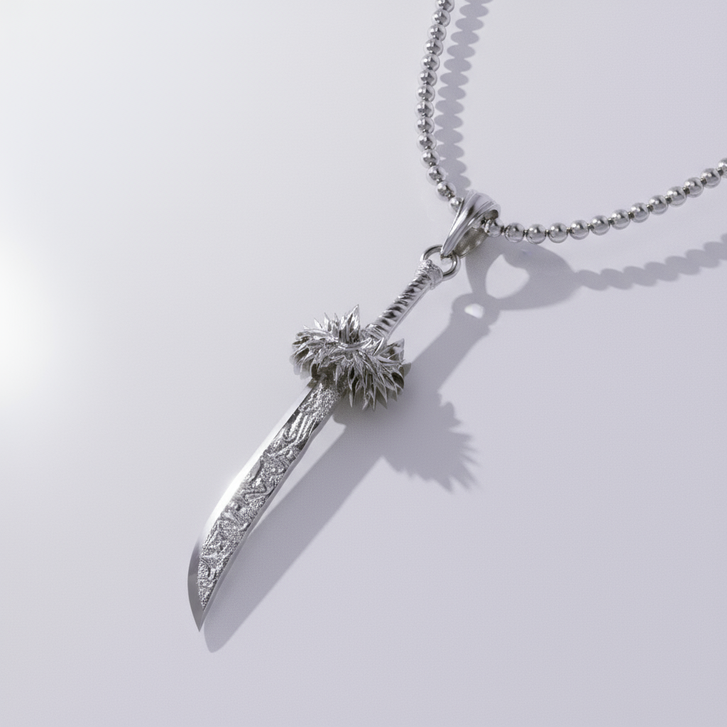 Silver sword-shaped pendant on a chain against a light gray background