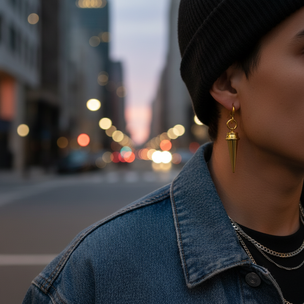 Person wearing a denim jacket and gold earring with city street lights in the background