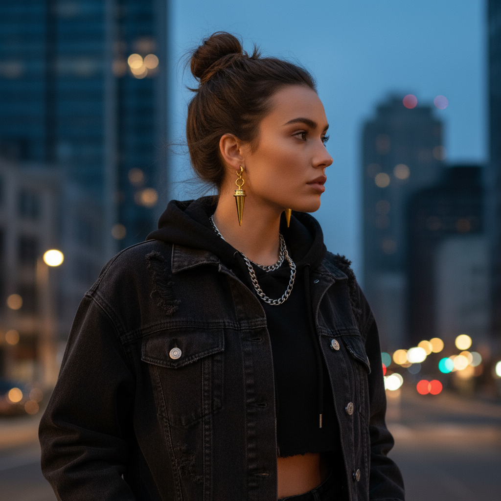Woman in a black jacket standing in an urban setting with blurred lights in the background