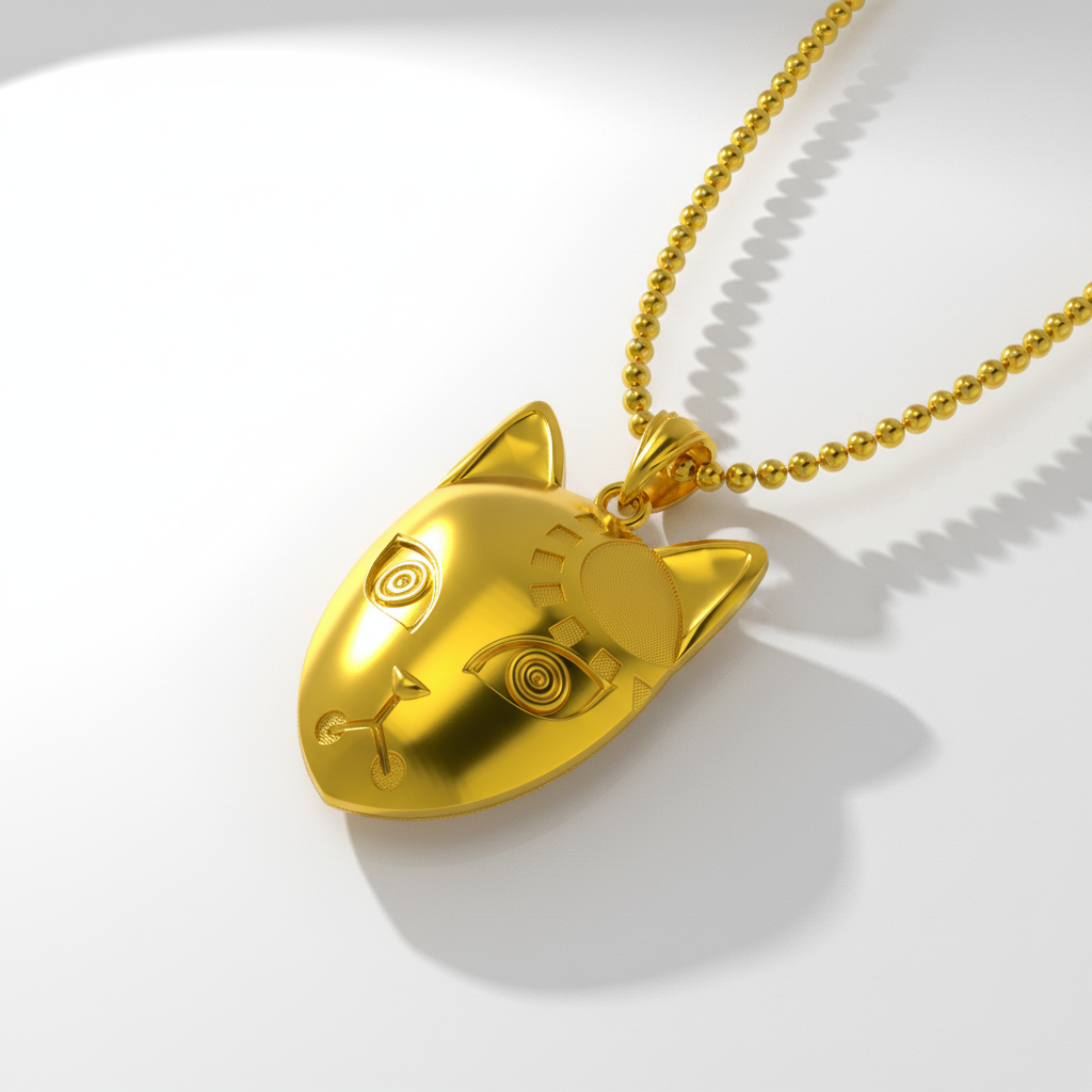 Gold cat-shaped pendant on a chain against a white background