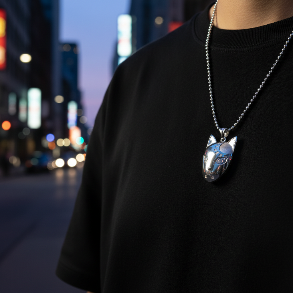 Person wearing a black shirt with a wolf pendant necklace against a cityscape background
