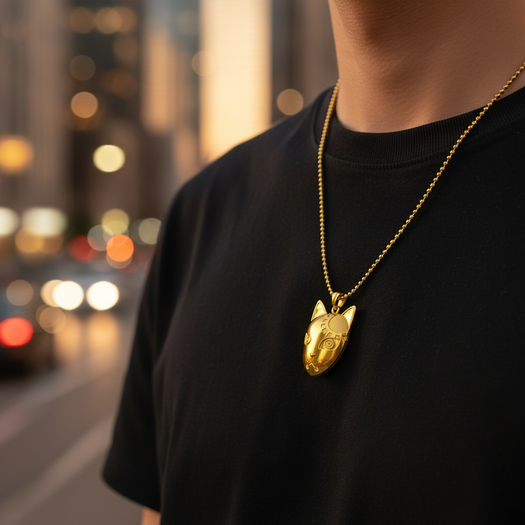 Person wearing a gold necklace with a fox pendant against a blurred city street background