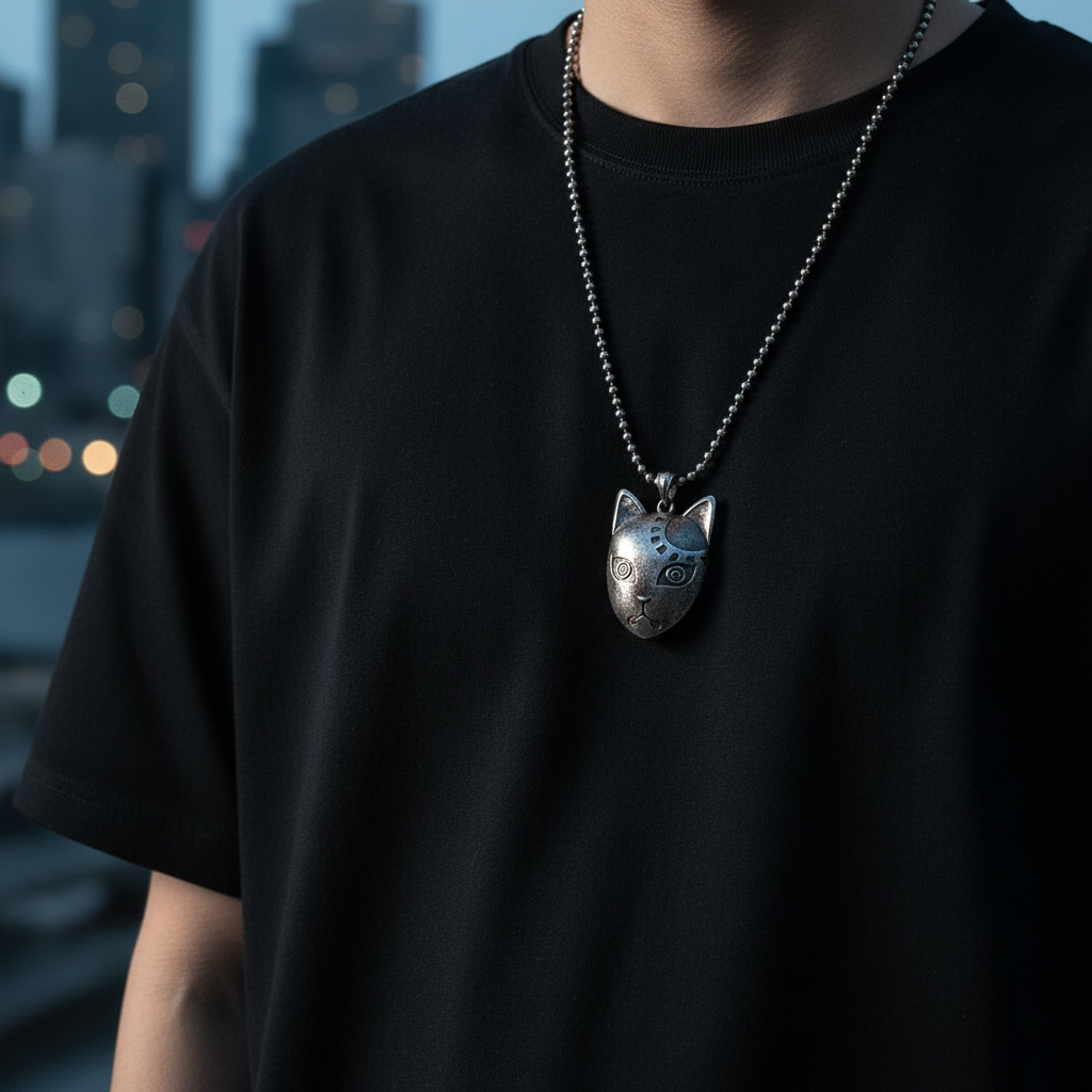 Person wearing a black t-shirt with a cat-shaped pendant necklace against a blurred cityscape background.