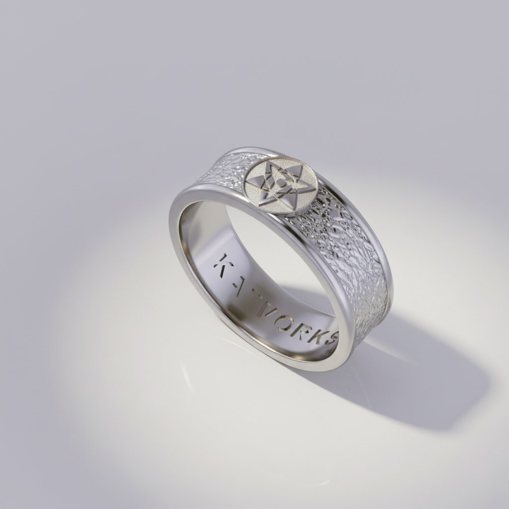A silver ring with a sculpted emblem centered on the top, displayed against a background featuring an anime character with red eyes.