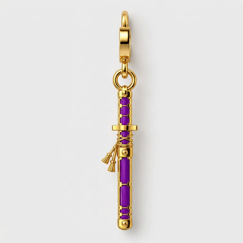 A gold-toned pendant charm shaped like a Japanese sword with vibrant purple inlay details, shown on a light gray background.
