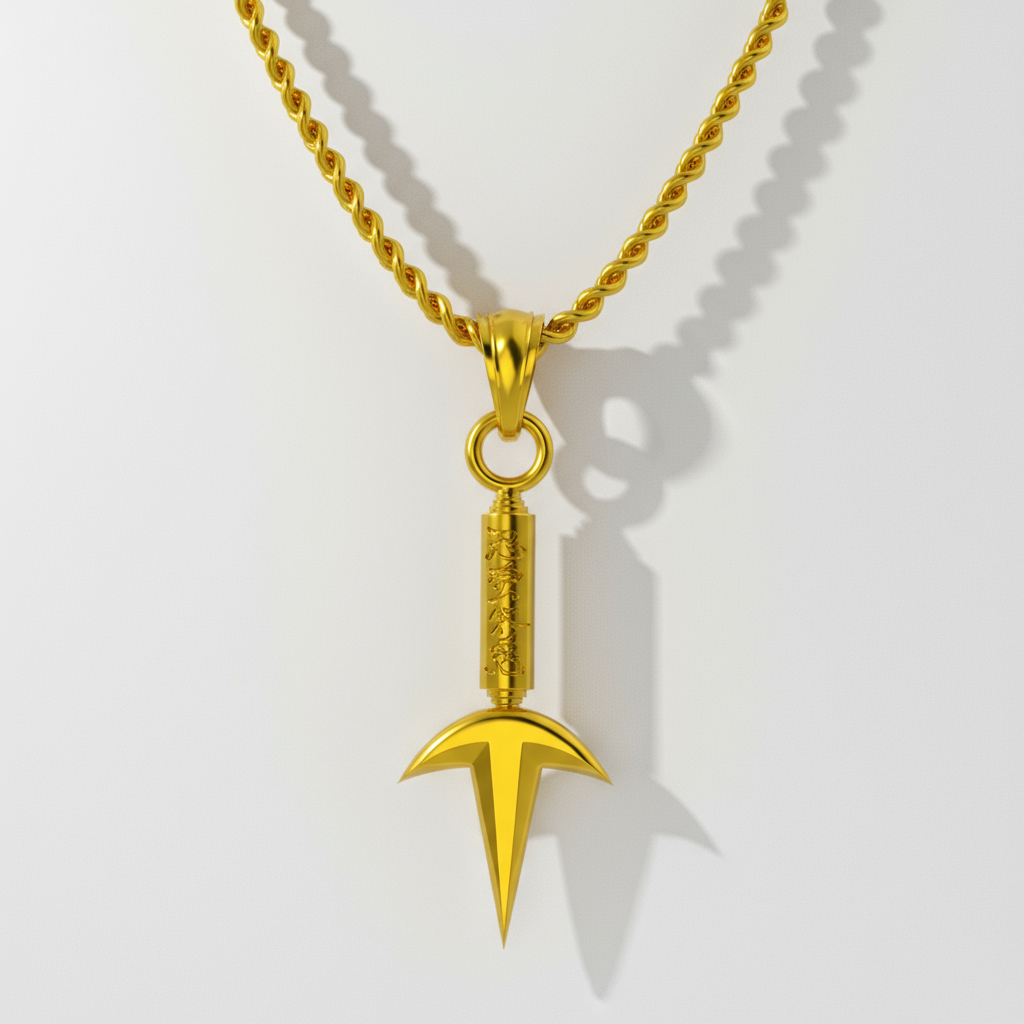 Gold necklace with a unique pendant on a light gray background