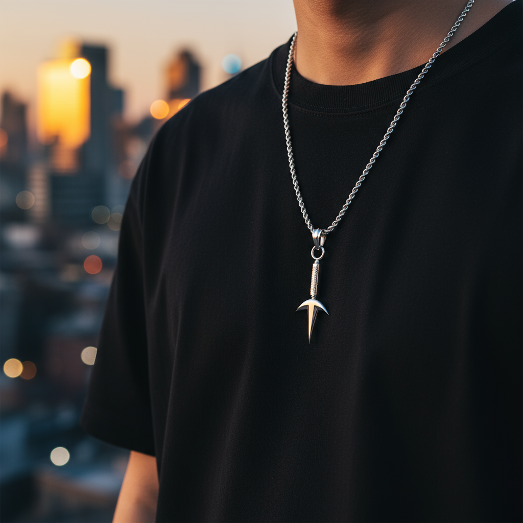 Person wearing a black t-shirt with a silver chain necklace featuring a unique pendant against a blurred cityscape background.