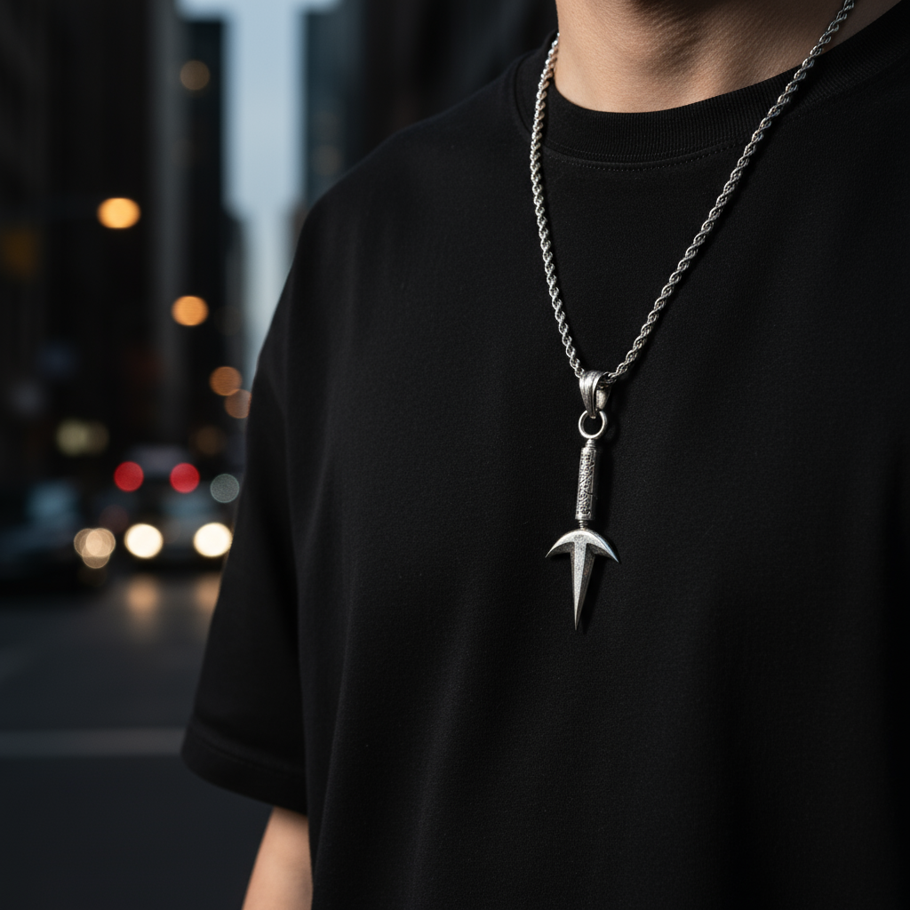 Person wearing a black t-shirt with a silver necklace featuring a unique pendant against a blurred city street background.