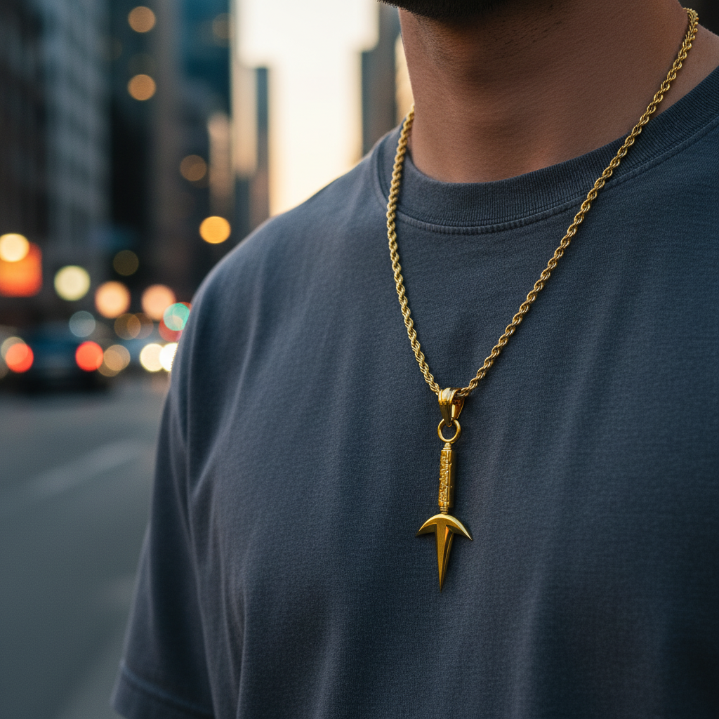 Person wearing a gold chain necklace with a unique pendant on a blurred city street background