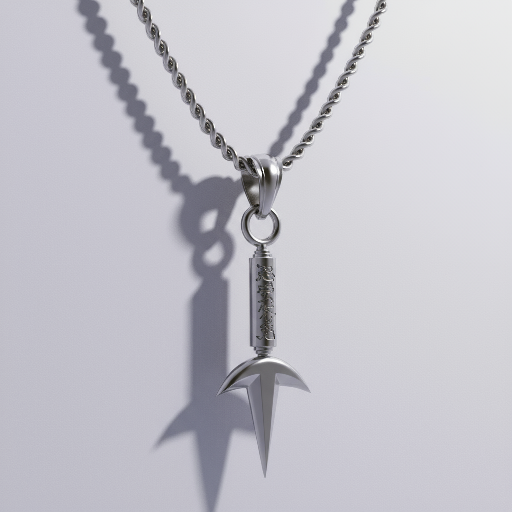Silver necklace with a unique pendant on a light gray background