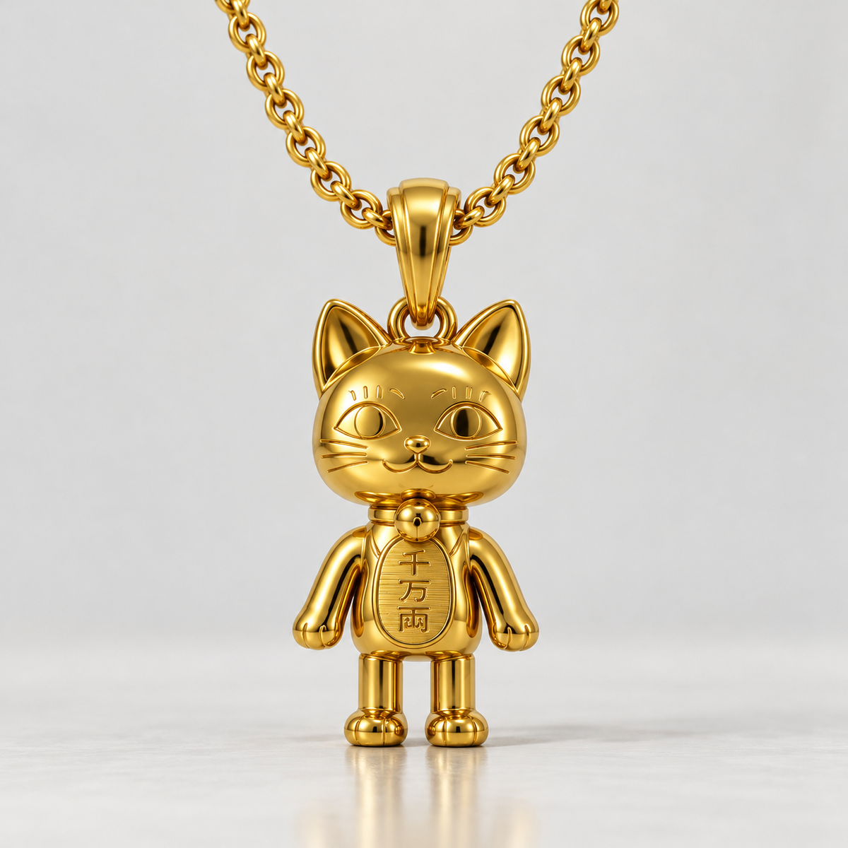 A gold-colored pendant in the shape of a whimsical cat with a human body, set against a vibrant anime-style artwork background.