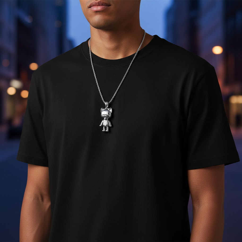 Person wearing a black t-shirt with a silver necklace featuring a pendant.