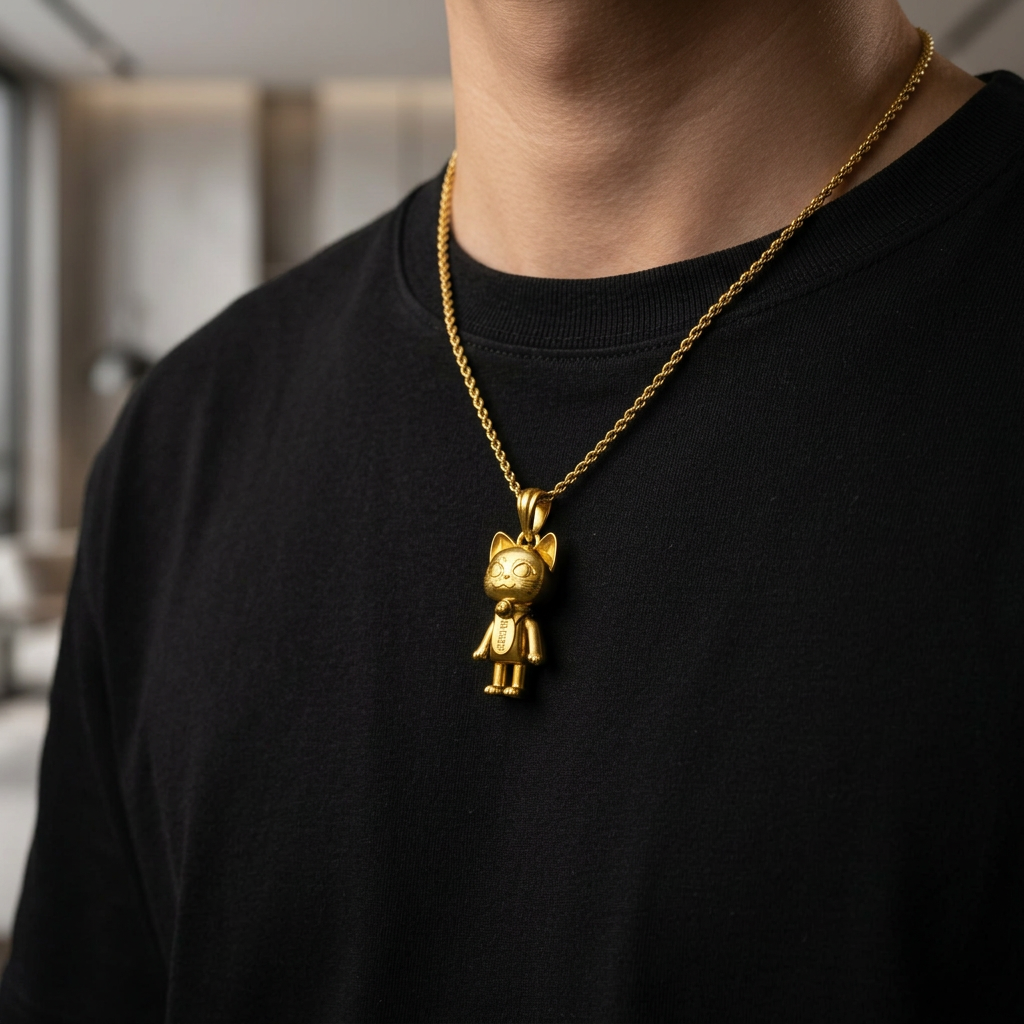 Person wearing a gold necklace with a unique pendant against a blurred city street background