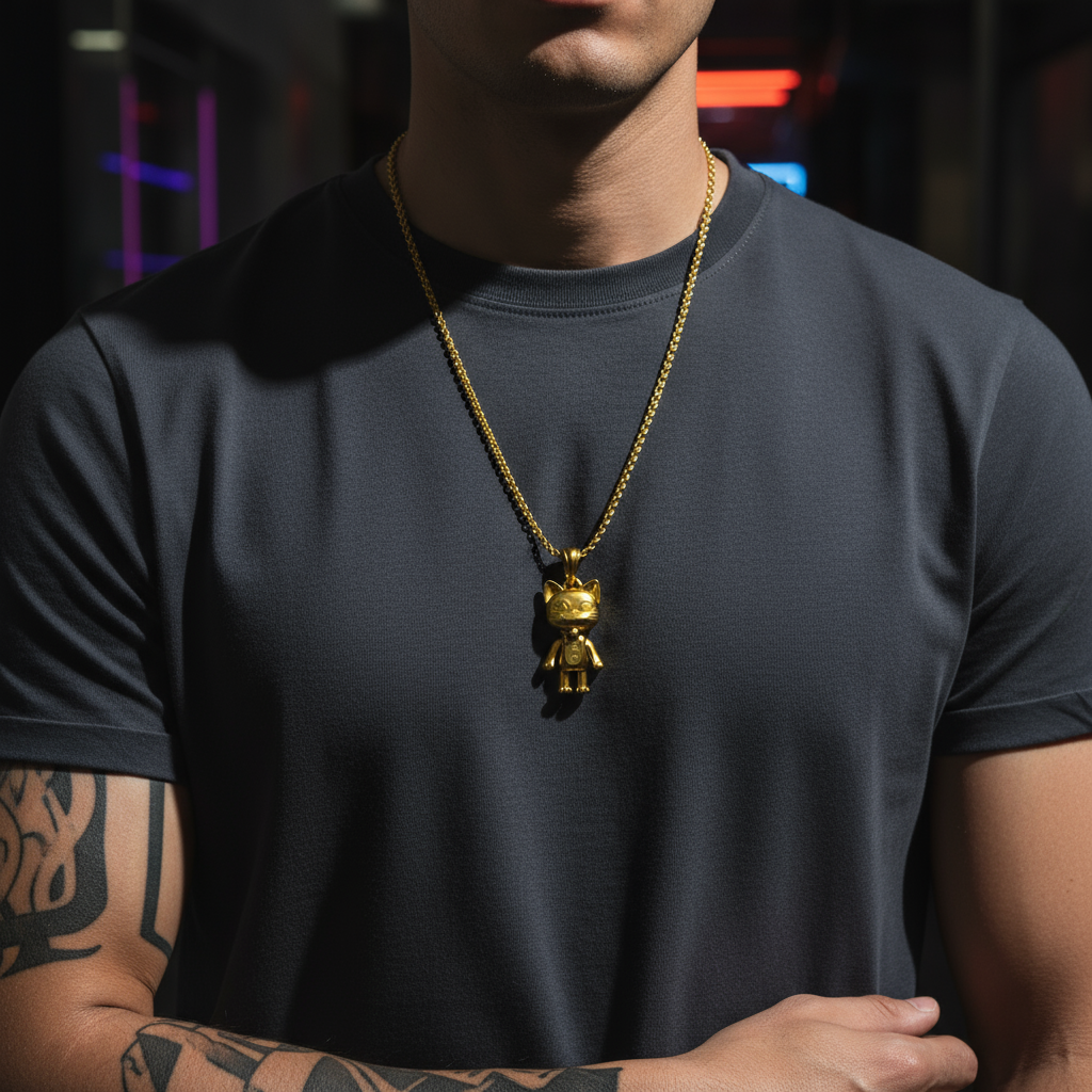 Person wearing a gold necklace with a pendant, standing against a dark background.