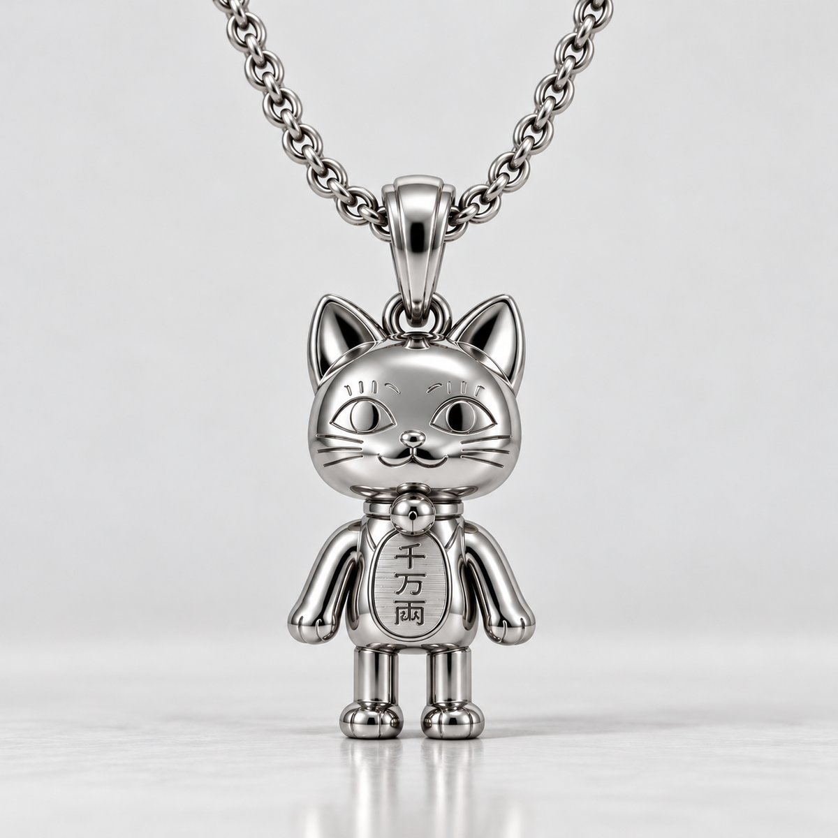 A gold-colored pendant in the shape of a whimsical cat with a human body, set against a vibrant anime-style artwork background.