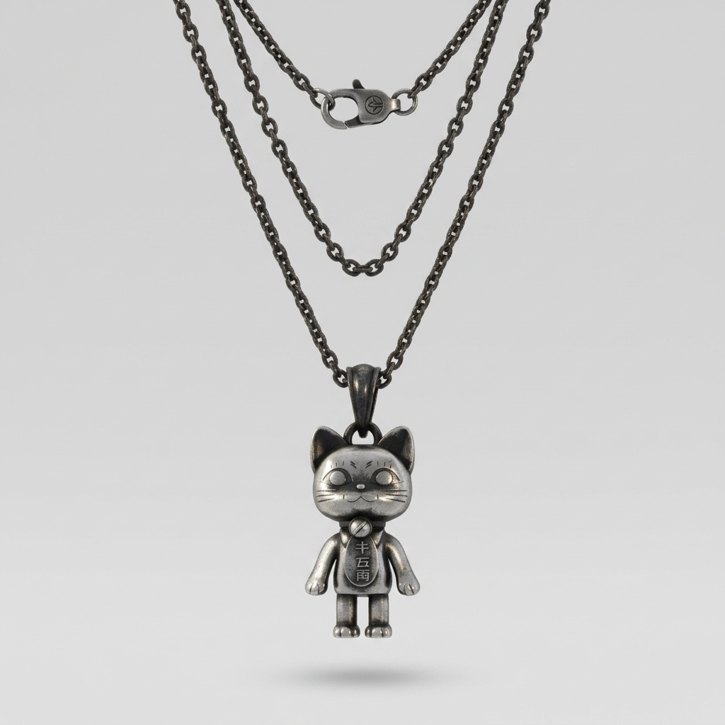 Silver cat-shaped pendant on a chain against a white background