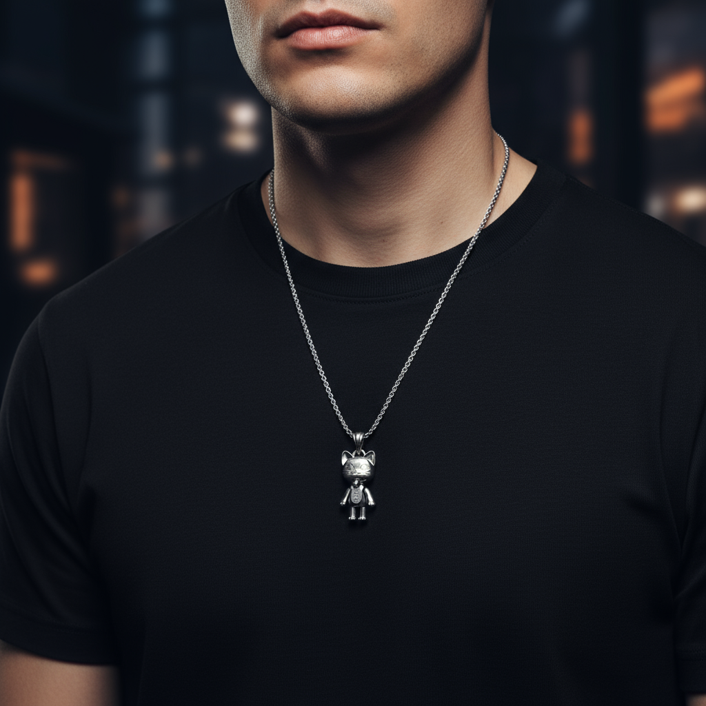 Man wearing a black t-shirt with a silver pendant necklace against a blurred background