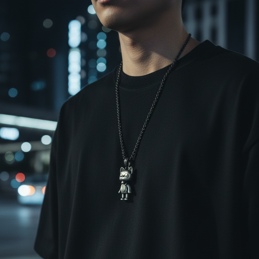 Person wearing a black t-shirt with a necklace featuring a pendant in an urban night setting.
